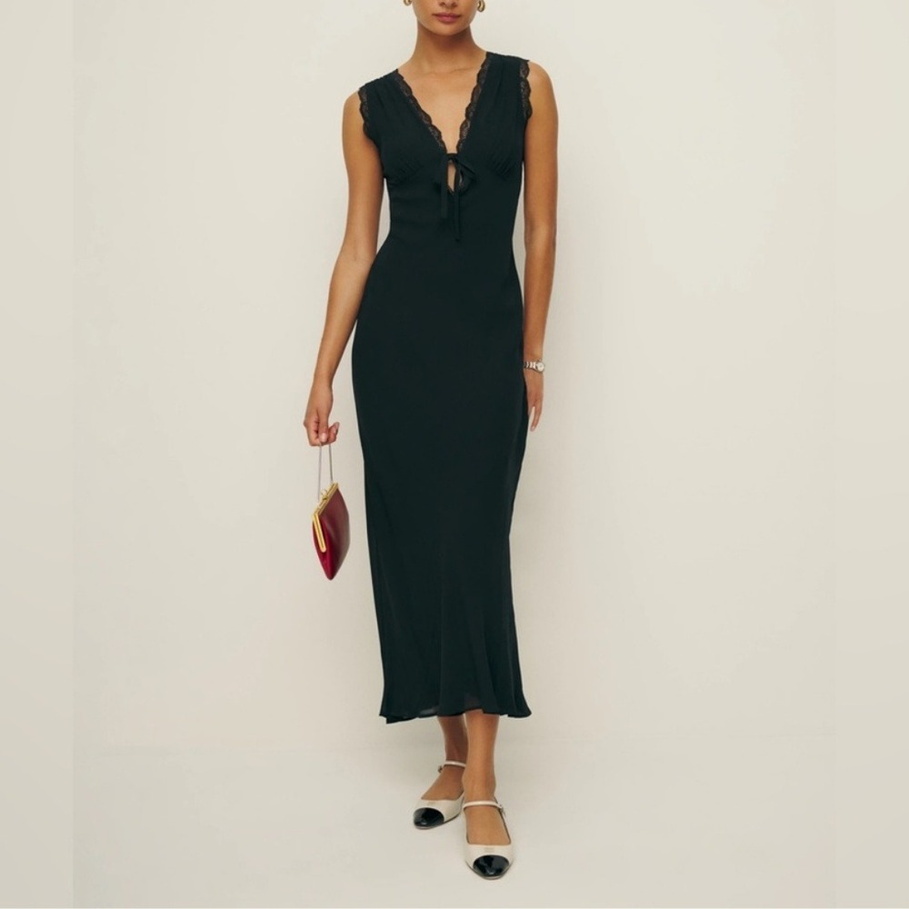 Reformation | Sharla Lace Trim Tie Front Midi Dress in Black | Size Medium